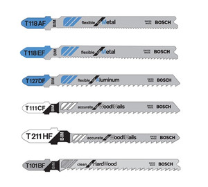 graphics of 6 different styles of bosch t-shank bi-metal and hss jig saw blades included in 30 piece set