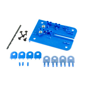 Micro Jig SteelPro table saw splitter on blue background with 3/16" drill bit, and 4 splitters & 4 kerf keepers.