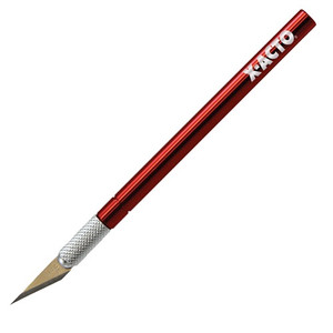red aluminum x-acto axent knife with 4-7/8" anodized aluminum handle and #11 fine point blade angled downward