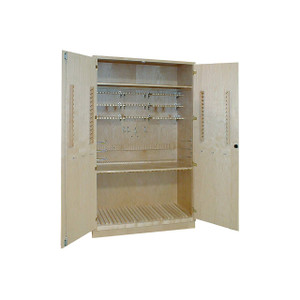 tall maple wooden cabinet with open doors showing specially designed hooks and holders, and slots for drawing boards tall maple wooden cabinet with open doors showing specially designed hooks and holders, and slots for drawing boards