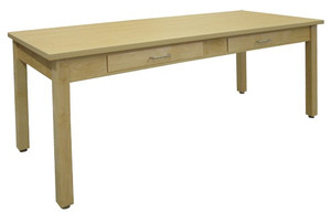 light brown wooden table with four legs and solid laminate top with two drawers built in light brown wooden table with four legs and solid laminate top with two drawers built in