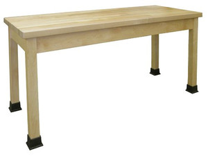 plain, tan wooden maple table with four legs that have black vinyl boots on the bottom