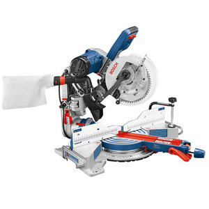 blue and white Bosch 10" Dual-Bevel Glide Miter Saw with dust collection bag and clear blade guard blue and white Bosch 10" Dual-Bevel Glide Miter Saw with dust collection bag and clear blade guard
