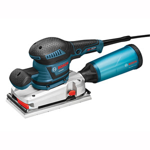 Bosch 1/2 Sheet Orbital Finishing Sander has translucent microfilter dust canister, vacuum hose connection Bosch 1/2 Sheet Orbital Finishing Sander has translucent microfilter dust canister, vacuum hose connection