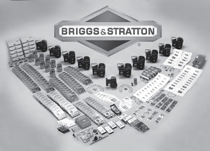 black and white image of all parts in briggs and stratton advanced engine training kit for 20 students