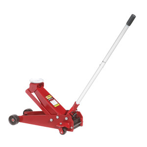 red heavy gauge steel floor jack with silver welded lift arm, swivel casters and sealed hydraulics red heavy gauge steel floor jack with silver welded lift arm, swivel casters and sealed hydraulics