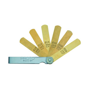 set of 6 gold-colored non-magnetic feeler gauges bladed fanned out to show etched decimal sizes