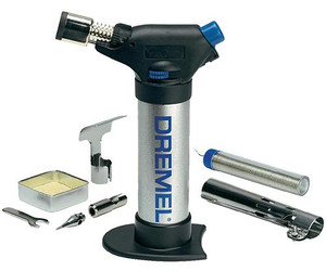 silver and black dremel butane torch with accessories including deflector, flame diffuser, soldering tip and more silver and black dremel butane torch with accessories including deflector, flame diffuser, soldering tip and more