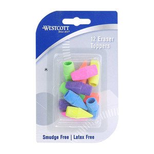 blue and white cardboard backing with clear plastic covering over 12 pencil top erasers in various colors