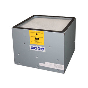 large gray cube box with fabric filter material on top and yellow and blue labels on front side large gray cube box with fabric filter material on top and yellow and blue labels on front side