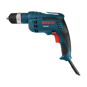 blue electric drill with variable speeds has comfortable soft-grip handle and oversized two-finger trigger