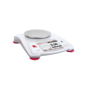 white 420g x 0.01g scale has four red feet, silver tray, large color touchscreen display