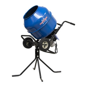 blue metal bucket has open end on black stand with four legs and two wheels with two handles blue metal bucket has open end on black stand with four legs and two wheels with two handles