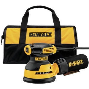 black and yellow dewalt 3 amp random orbit 5" palm sander with black and yellow dewalt dust bag and case