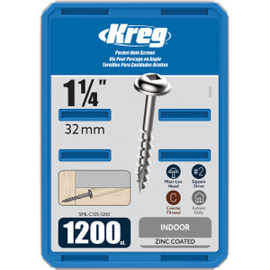 one silver pocket hole screw with maxi-loc square drive on the head, made from zinc, and a #8 coarse thread one silver pocket hole screw with maxi-loc square drive on the head, made from zinc, and a #8 coarse thread