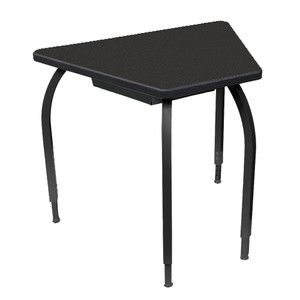 black trapezoid-shaped desk with 4 curved adjustable height legs from 26" to 31" tall black trapezoid-shaped desk with 4 curved adjustable height legs from 26" to 31" tall