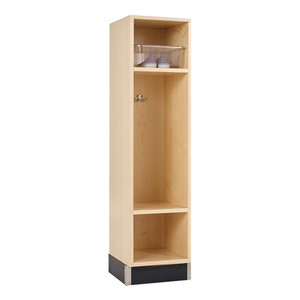 one section maple wood locker with two cubbies, large storage space, and black rubber base molding