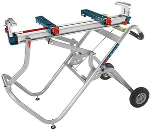 steel bosch gravity-rise wheeled miter saw stand has integrated rubber wheels, supports 18' of material