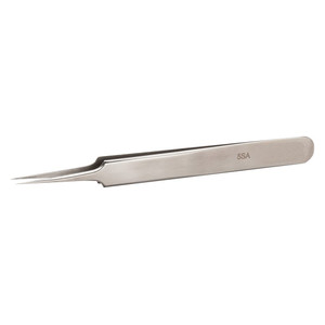 silver 4.5" long tweezers with straight ends and micro fine points for working within tight areas