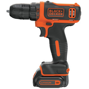 orange black and decker 3/8" max cordless 12v lithium ion drill/driver with keyless chuck and led light
