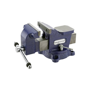 blue bench vise from Shop Fox with 4" jaw, 2-1/4" throat, metal clamps and silver swivel handles blue bench vise from Shop Fox with 4" jaw, 2-1/4" throat, metal clamps and silver swivel handles