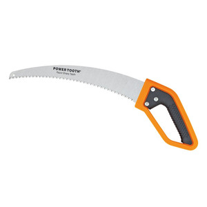 orange and gray d-shaped handle has 15" full-hardened precision-ground steel blade with razor sharp teeth