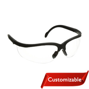 black frame safety glasses with rubber nose piece and scratch-resistant clear anti-fog lenses