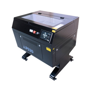 large black laser cutter with clear lid, LCD touchpad on right and red emergency stop button