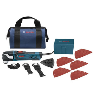 everything included in the Bosch StarlockPlus Oscillating Multi-Tool Kit displayed in front of bag