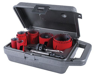gray plastic toolbox holding 9 red hole saws in different sizes and 2 arbors gray plastic toolbox holding 9 red hole saws in different sizes and 2 arbors