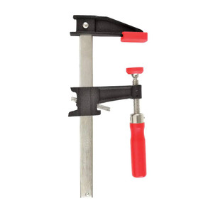 silver 6" clamp rail has 2 black clamping jaws pointing left with red pads and wood handle between silver 6" clamp rail has 2 black clamping jaws pointing left with red pads and wood handle between
