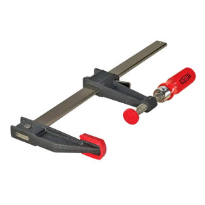 silver 6" clamp rail has 2 black clamping jaws pointing left with red pads and wood handle between silver 6" clamp rail has 2 black clamping jaws pointing left with red pads and wood handle between