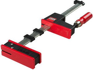 red angled parallel clamps facing right are attached to silver 50" steel rail with red wooden handle red angled parallel clamps facing right are attached to silver 50" steel rail with red wooden handle