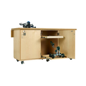 Maple plywood workbench with 3 storage compartments on swivel casters and 2 pull-out drawers