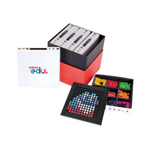 red and black box open to show 5 gameboards plus blocks in 9 different colors and one completed board red and black box open to show 5 gameboards plus blocks in 9 different colors and one completed board