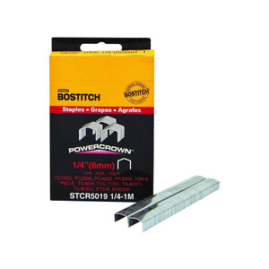 orange and black cardboard box open with 1/4" bostitch powercrown hammer tacker staples falling out