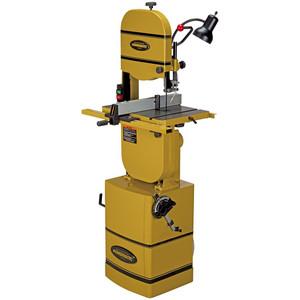 yellow powermatic band saw has adjustable miter gauge, rip fence blade, work lamp, chip blower and riser block