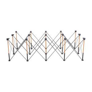 orange and black poles with diagonal supports create a 4' x 8' collapsible workstation stand with 15 feet