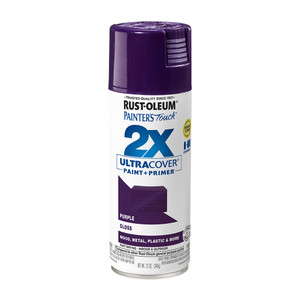 12 ounce aerosol can of Rust-Oleum 2X Ultra Cover Spray Paint + Primer in purple with gloss finish