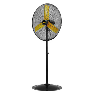 30 inch tall pedestal fan has black all-metal blade covers and round base, yellow blades, 1/3 hp motor 30 inch tall pedestal fan has black all-metal blade covers and round base, yellow blades, 1/3 hp motor