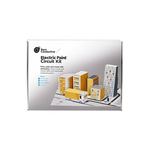 white box of Bare Conductive Electric Paint Circuit Kit showing pre-built town with bus and buildings white box of Bare Conductive Electric Paint Circuit Kit showing pre-built town with bus and buildings