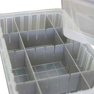 close up image of inside of one cef stewart storage cart bin with interior dividers and plastic lid close up image of inside of one cef stewart storage cart bin with interior dividers and plastic lid