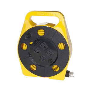 yellow bayco cord reel with yellow 25' cord has black three-pronged plug and black wheel with 4 outlets yellow bayco cord reel with yellow 25' cord has black three-pronged plug and black wheel with 4 outlets