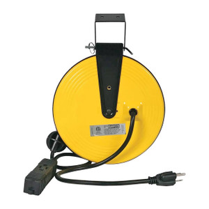 yellow bayco cord reel with yellow 30' cord has black plug with 3 outlets and LED indicator lights yellow bayco cord reel with yellow 30' cord has black plug with 3 outlets and LED indicator lights