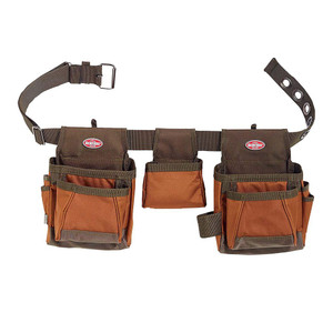 brown bucket boss handyman's tool belt has detachable barrel-bottom reinforced pouches and 11 pockets