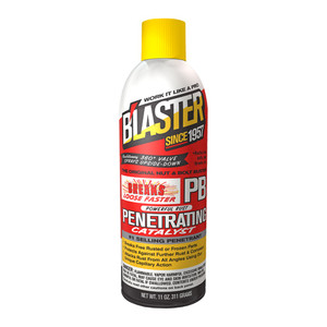 red, white, yellow and black 11 ounce aerosol can of Blaster Chemical PB Blaster powerful rust Penetrant red, white, yellow and black 11 ounce aerosol can of Blaster Chemical PB Blaster powerful rust Penetrant