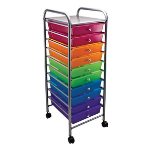 ten multi-colored plastic storage drawers stacked in metallic silver frame with four black wheels ten multi-colored plastic storage drawers stacked in metallic silver frame with four black wheels
