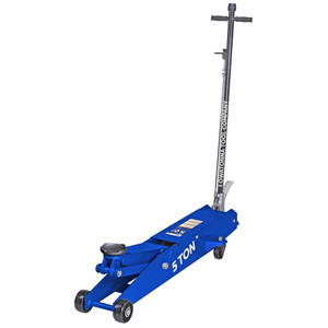 5-ton auto maintenance service jack has foot pedal, handle lock & release controls, safety overload