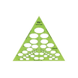 Translucent green plastic triangular template with cutouts for 39 ellipses from 1/8" to 2" diameter Translucent green plastic triangular template with cutouts for 39 ellipses from 1/8" to 2" diameter