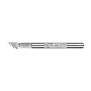 horizontal silver pen-shaped knife has textured grip at tip and middle of shaft with pointed #24 sharp blade horizontal silver pen-shaped knife has textured grip at tip and middle of shaft with pointed #24 sharp blade